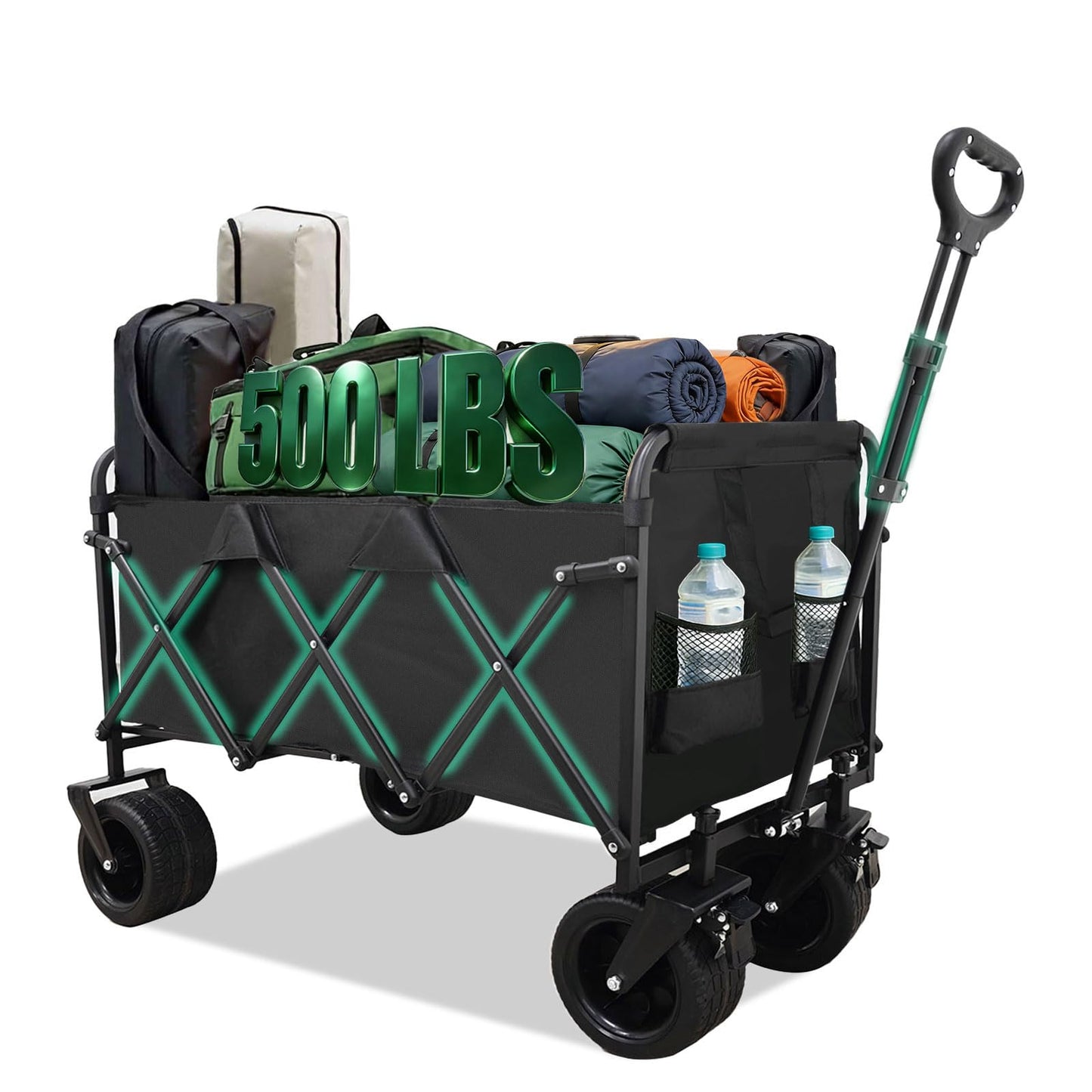 Tule Tuowu Heavy Duty Collapsible Wagon Cart, Foldable Camping Wagon with 110 cm Adjustable Handle, Big All-Terrain Wheels & Cup Holders, for Men, Heavy Hauling, Supermarket, Camping