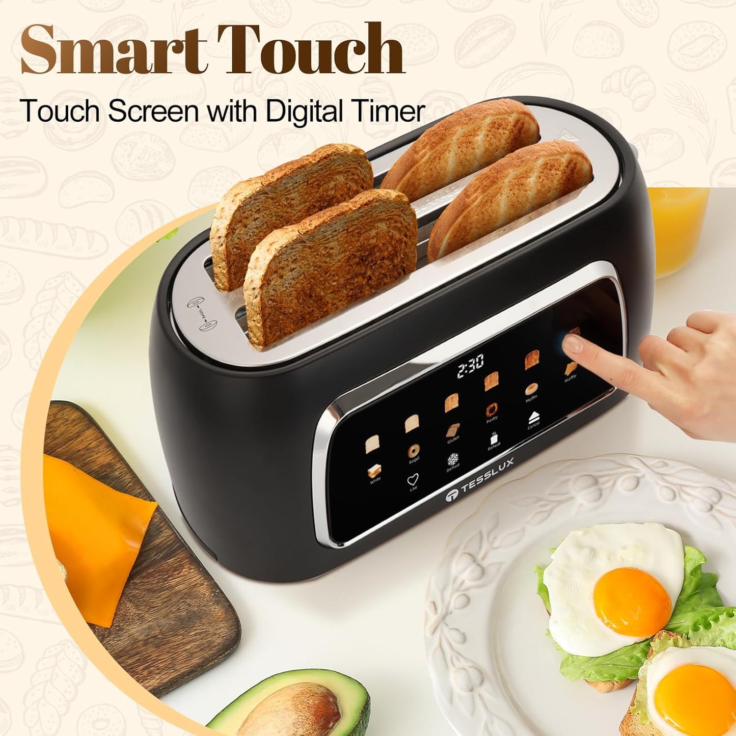 Tesslux 4-Slice Toaster - Touch Screen Control, 1.5" Wide Slots, 6 Browning Levels | Black