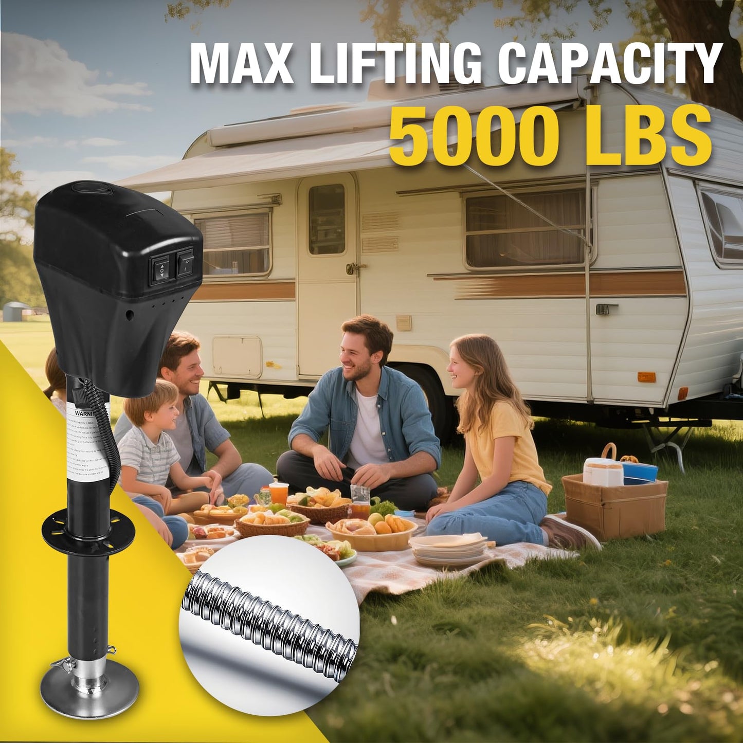 YELLOW JACKET 7 Way Electric Trailer Jack 5000lbs with Waterproof Protective Cover & LED Light for Travel Trailer Camper, RV