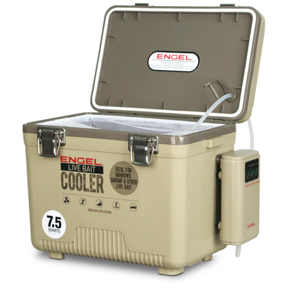 ENGEL 7.5 Quart Live Bait Cooler PRO for Fishing - Portable Minnow and Bait Bucket with Lithium-Ion Rechargeable Aerator - Tan (7.5Qt)
