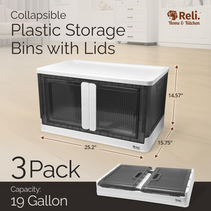 Reli. Storage Bins with Lids and Doors (3 Pack) | 19 Gallon Collapsible Storage Bins with Lids | Collapsible Stackable Plastic Cabinet with Built-in Wheels | Heavy Duty Closet Organizers