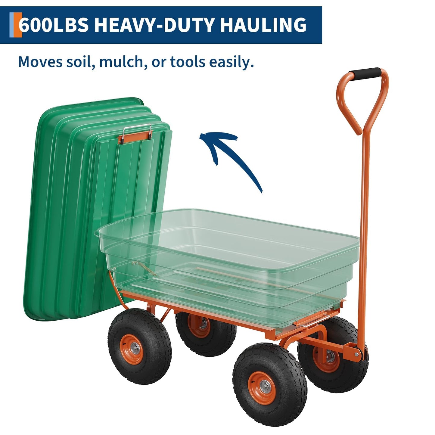 Garden Cart with 13" No-Flat Tires, 1200 lbs Capacity, 7 Cubic Feet Polyethylene Yard Dump Wagon w/ 180° Swivel Handle Towable, Utility Wagon for Yard, Garden, Landscaping, Heavy Duty & Rust-Proof