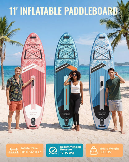 Marsdorgan 11'x34 Inflatable Paddle Board for Adults Youth, Extra Wide 430LBS Capacity SUP, Stable 2-3 Person Family for Lake Ocean Fishing, Complete Kit w/Pump & Backpack, Ice Blue