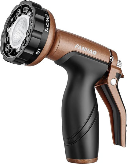 FANHAO Heavy Duty Metal Garden Hose Nozzle - 6 Spray Patterns for Efficient Watering | Ideal for Lawn, Plants, Cars & Pets
