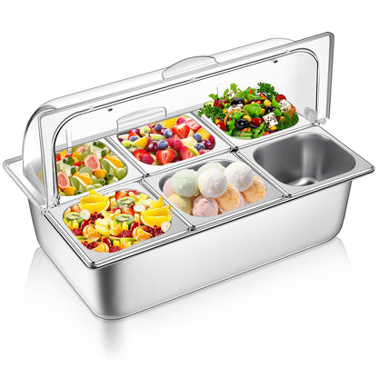Ziliny Countertop Food Serving Display Container Clear Roll Top Cover 6 Pan Stainless Steel Ice Food Buffet Server Salad Bar Pizza Topping Station Condiment Dispenser Restaurant Kitchen Party(Silver)