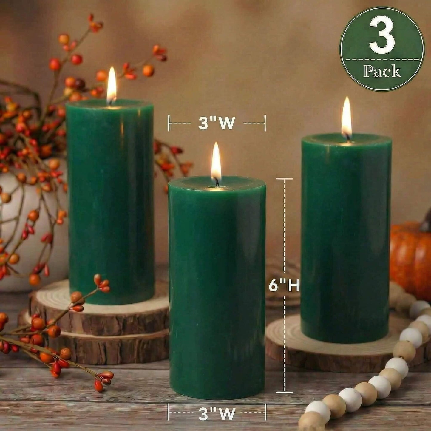 Richland Set of 3 Dark Green Pillar Candles 3" x 6" Unscented for Weddings Christmas Home Holidays Spa St. Patrick's Day Church
