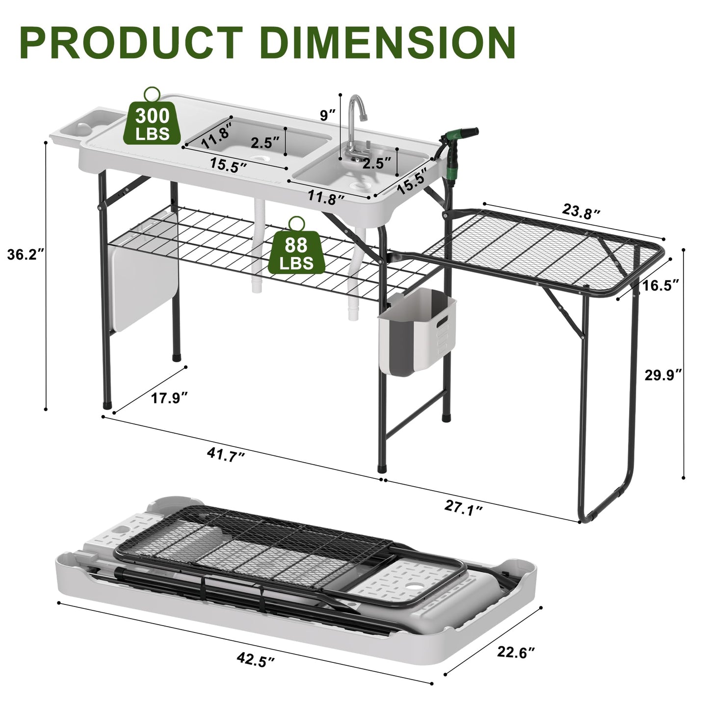 Dragosum Fish Cleaning Table, Portable Folding Camping Table with Folding Grill Extension Board, Fish Cleaning Station with Dual Sinks, Hose Hook Up