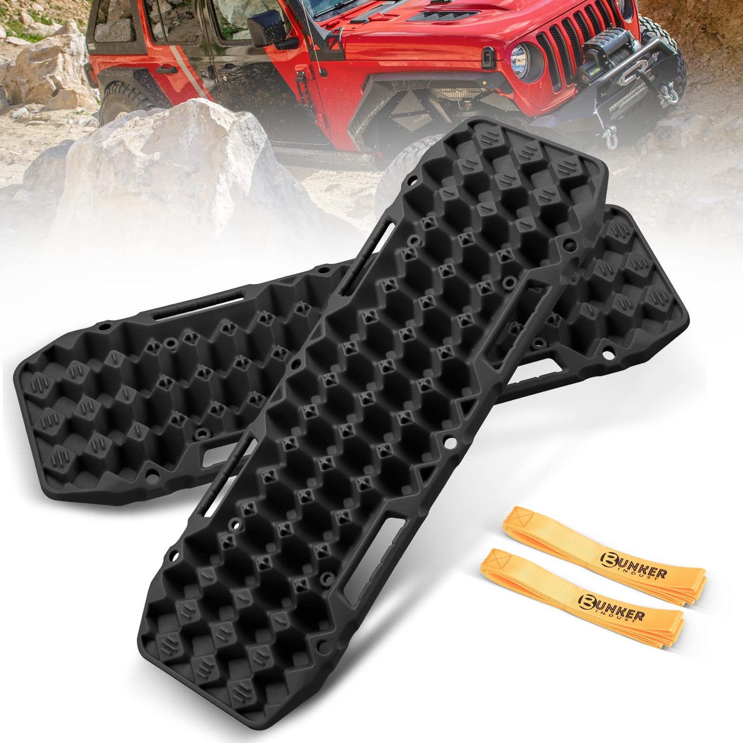 BUNKER INDUST 2 Pcs Traction Boards Black + 3" x 20ft Recovery Straps + Pair 3/4 D Ring Shackles + Bag