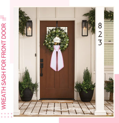 Skiennix Scalloped Wreath Sash - Elegant Ruffle Ribbon Bow for Front Door Decor | 2 Pcs Set in White & Pink