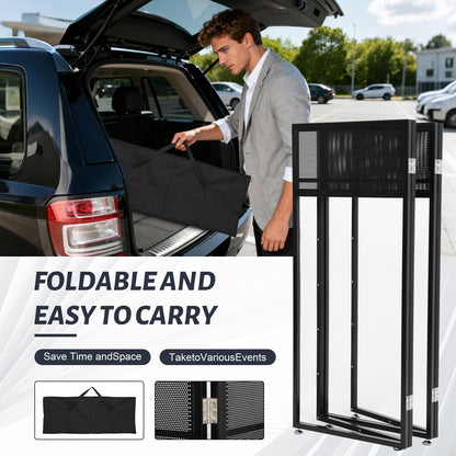 Portable DJ Booth Table Station 44"x42.2"x20.6", Foldable Metal Frame DJ Facade with Black & White Scrims, Detachable 40"x20" DJ Table, Adjustable Height, Carry Bag for Show, Party, Wedding, Events