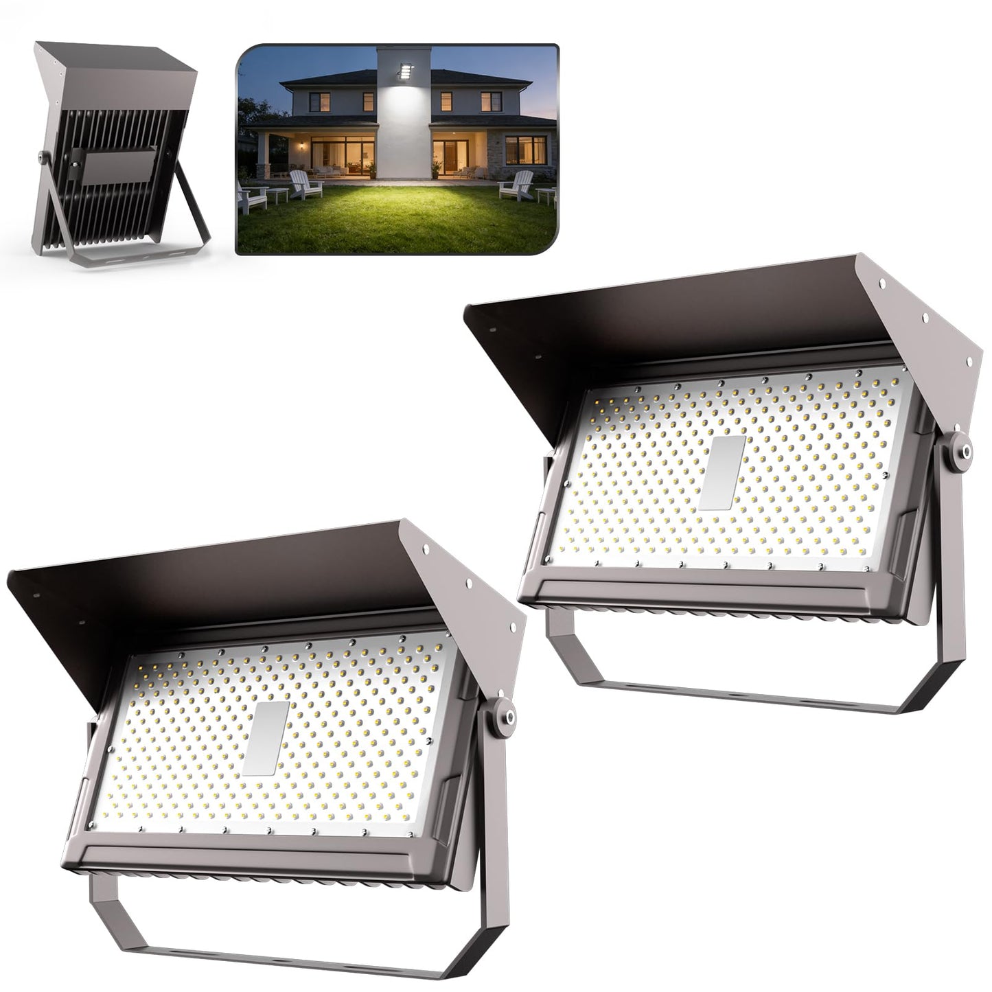 Upgrade 600W LED Stadium Flood Light Outdoor with Brim 90000Lm Led Flood Light with Adjustable Bracket, IP65 AC100-277V Commercial Area Lighting with Plug for Backyard/Basketball Court-2Pack
