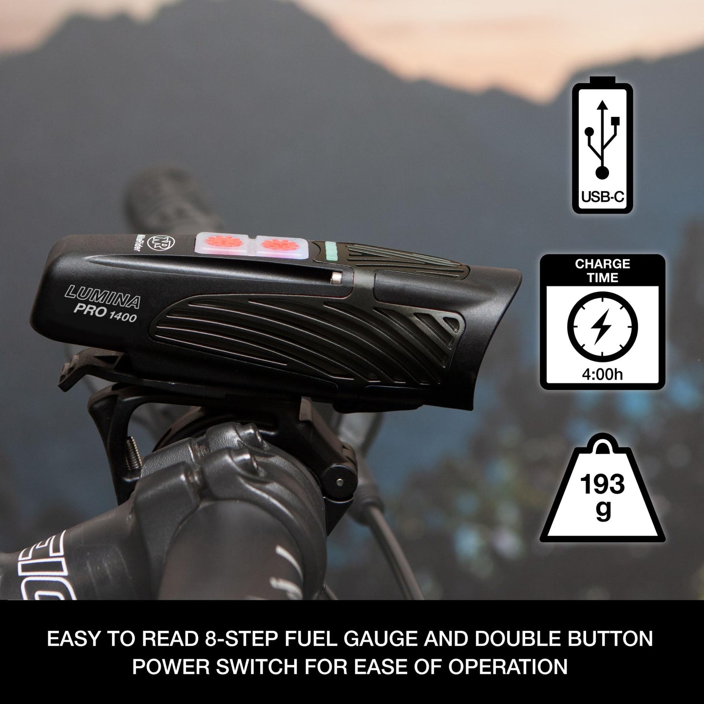 NiteRider Lumina Pro 1400 Lumen USB-C Rechargeable Front Bike Light - 8 Modes IP64 Waterproof FL1 Bike Headlight for Road Cycling, MTB, Commuter, Night Cycling Safety LED Bicycle Light Easy Mount