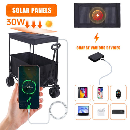 Nice C Wagon with Canopy, Collapsible Wagon, Foldable Wagons, 30W Portable Solar Panel w/USB, Type-C & DC Charging Cable, All-Terrain Wheels