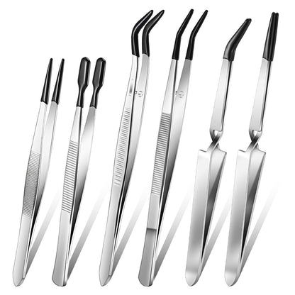 Jingmore 6 Pieces Tweezers with Rubber Tips Rubber Tipped Tweezer Cross Lock PVC Coated Tweezers Craft Jewelry Anti Scratch Long for Crafting Beads Jewelry Stamps Succulents Pet(Black)