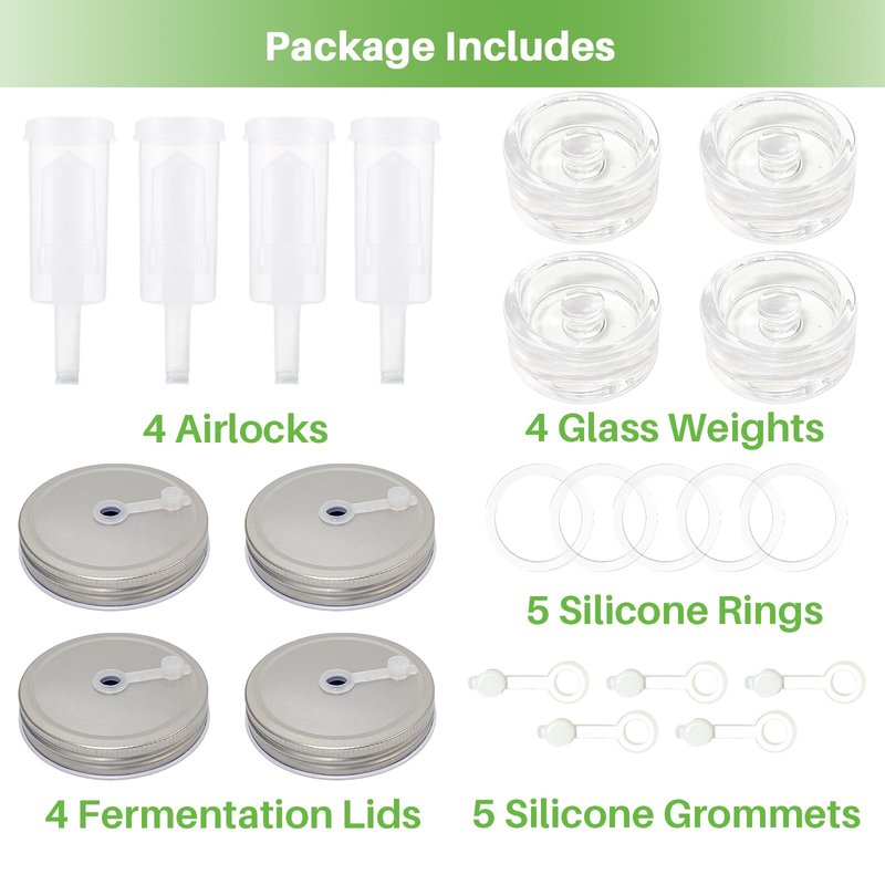 Fermentation Kit for Wide Mouth Mason Jars,Fermentation Kit with 4 Glass Fermentation Weights,4 Fermenting Lids,4 airlocks,5 Silicone Rings,5 Silicone Grommet for Pickling, Canning and Sauce(No Jars)