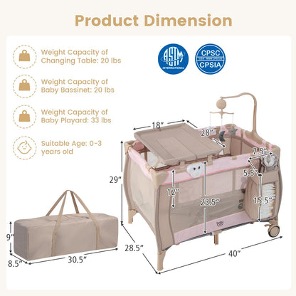Costzon 3 in 1 Pink Pack and Play with Bassinet, Portable Baby Playard with Changing Table, Music Box, Hangings, Wheels/Brake, Basket, Foldable Infant Pink Bassinet Crib for Baby Girl Toddlers