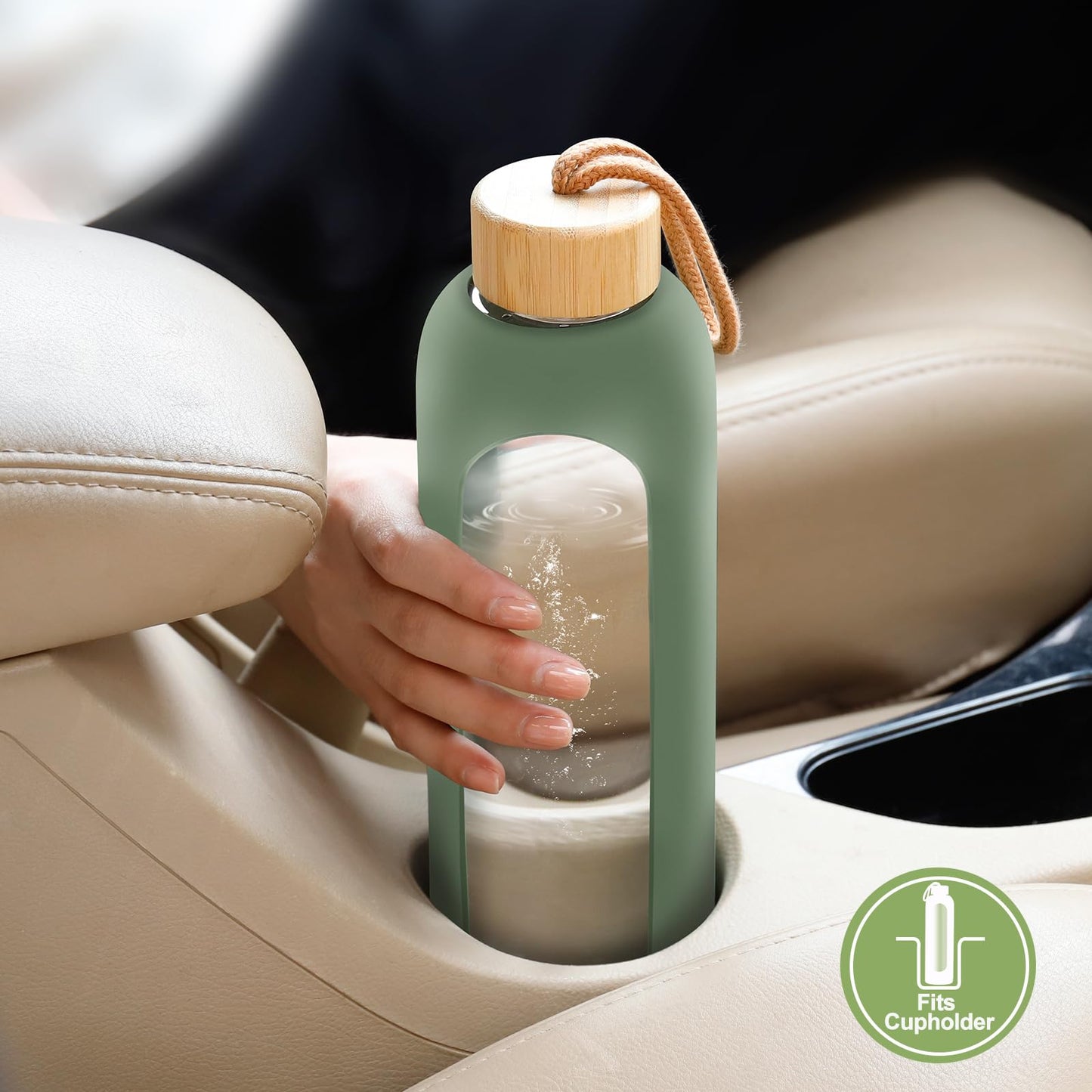 OxyFlask Glass Water Bottles 32 oz - Motivational Drinking Glass Water Bottle with Silicone Sleeve, Straw & 2 Bamboo Lids - 1 Liter Clear Borosilicate Daily Intake Tumbler with Time Marker - Olive