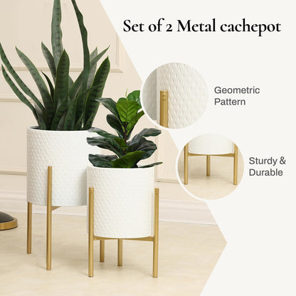 LuxenHome Planters for Indoor Plants, Set of 2 Indoor Plant Pots, White Planter with Gold Metal Stand, Luxury Flower Pots for Plants, Large Floor Plant Pot, NOT Waterproof