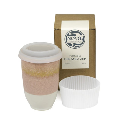 NOVA CERAMICS Travel Mug - Travel Coffee Mug – Iced Coffee Cup Unique to Go Mug – Microwave & Dishwasher Safe Coffee Pink Tumbler - Gifts for Women Men Him Her – 12oz – Afterglow