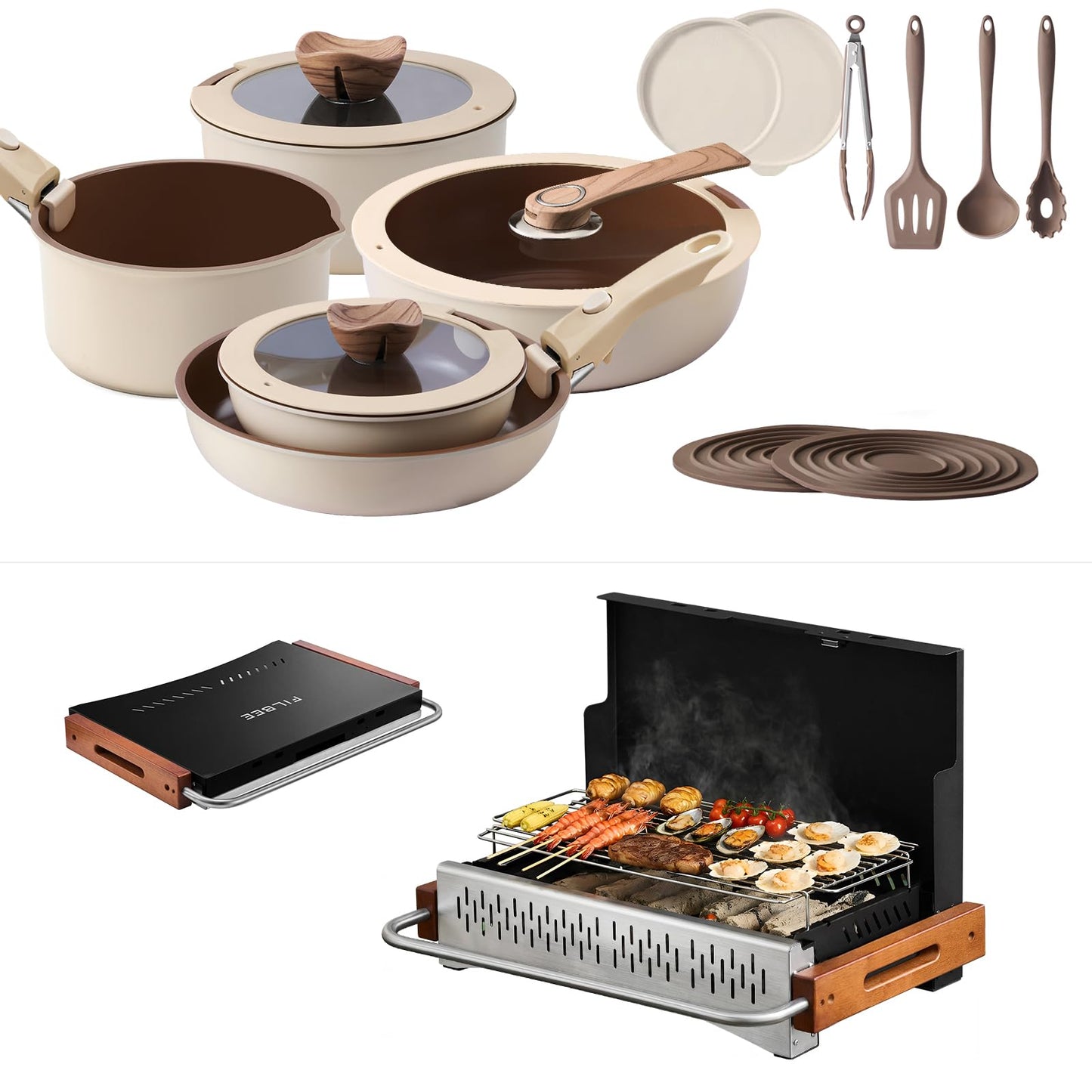 Portable Charcoal Grill and Pots & Pans Cookware Bundle - Compact Outdoor Cooking Set for Camping, Picnics, and Tailgating