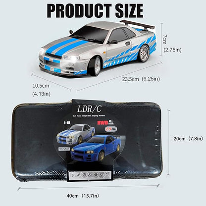 LD1899 1/18 RC Drift Car GTR R34 2.4GHz RWD with Gyroscope on-Road Alloy Body Shell Racing Cars Radio Control (Blue Grey)