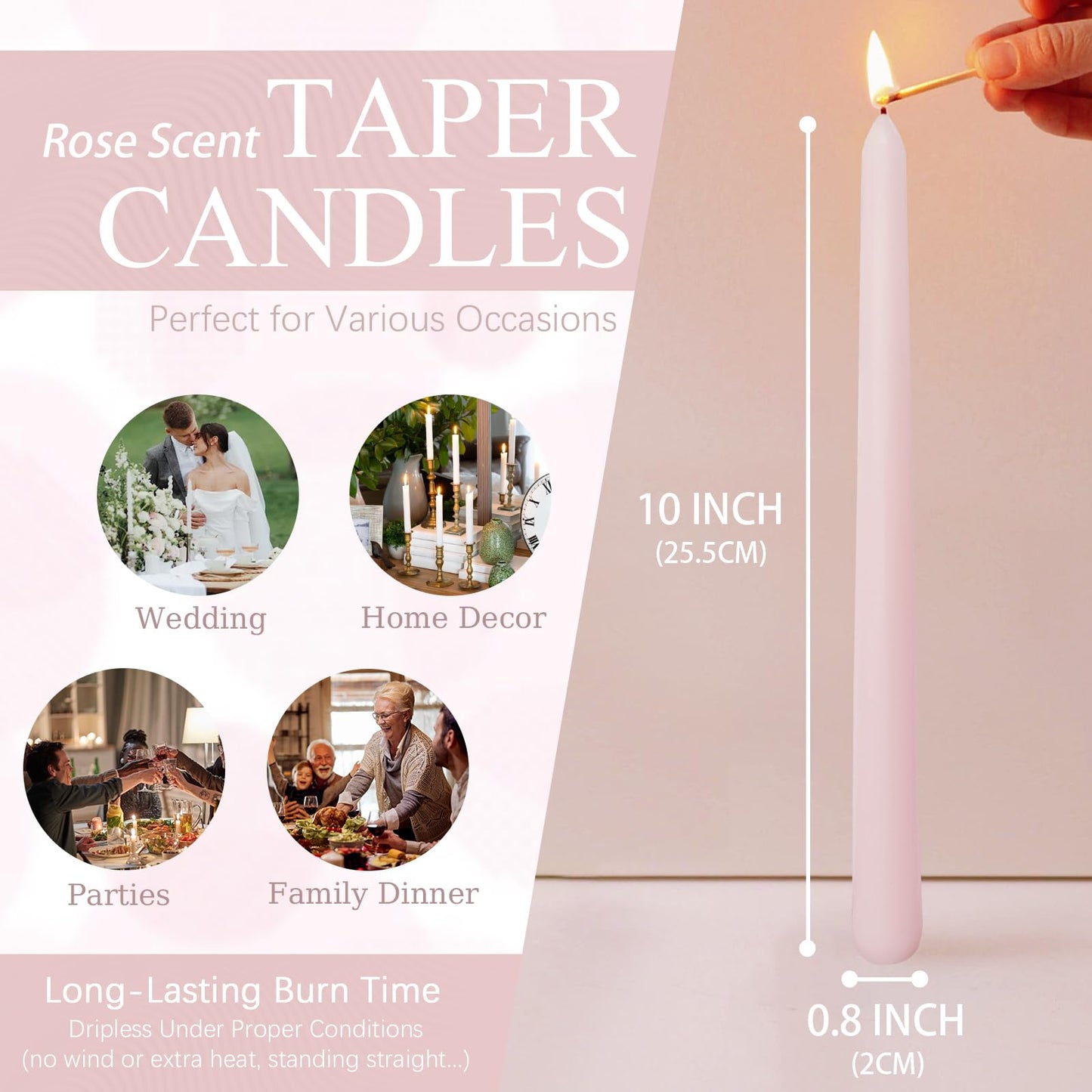 Candlesticks Long Taper Candle,Rose Scented 10 Inches Light Pink Candle Sticks Smokeless Tapered Candles for Home Décor Holiday Gifts