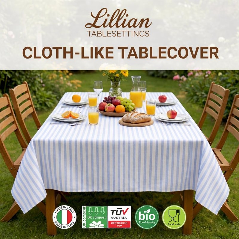 Lillian Made in Italy Airlaid Disposable Tablecloth, 12 Pack, 54" x 102", White with Blue Stripes, Premium Cloth-Like Linen-Feel Rectangular Table Cover for Weddings, Parties & Elegant Events