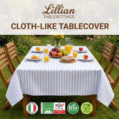 Lillian Made in Italy Airlaid Disposable Tablecloth, 12 Pack, 54" x 102", White with Blue Stripes, Premium Cloth-Like Linen-Feel Rectangular Table Cover for Weddings, Parties & Elegant Events