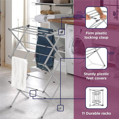 BLACK+DECKER 3 Tier Expandable Collapsing Foldable Laundry Rack for Air Drying Clothing, Space Saving Heavy Duty Lightweight Metal Drying Rack, Grey