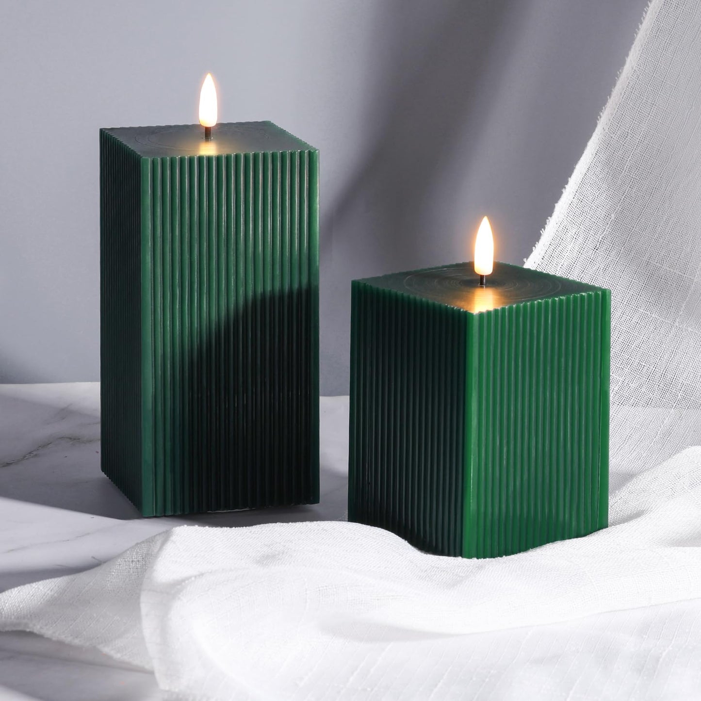 Girimax Dark Green Ribbed Flameless Candles with Remote, Battery Operated LED Square Candles Set of 2 Φ 3" H 4" 6"