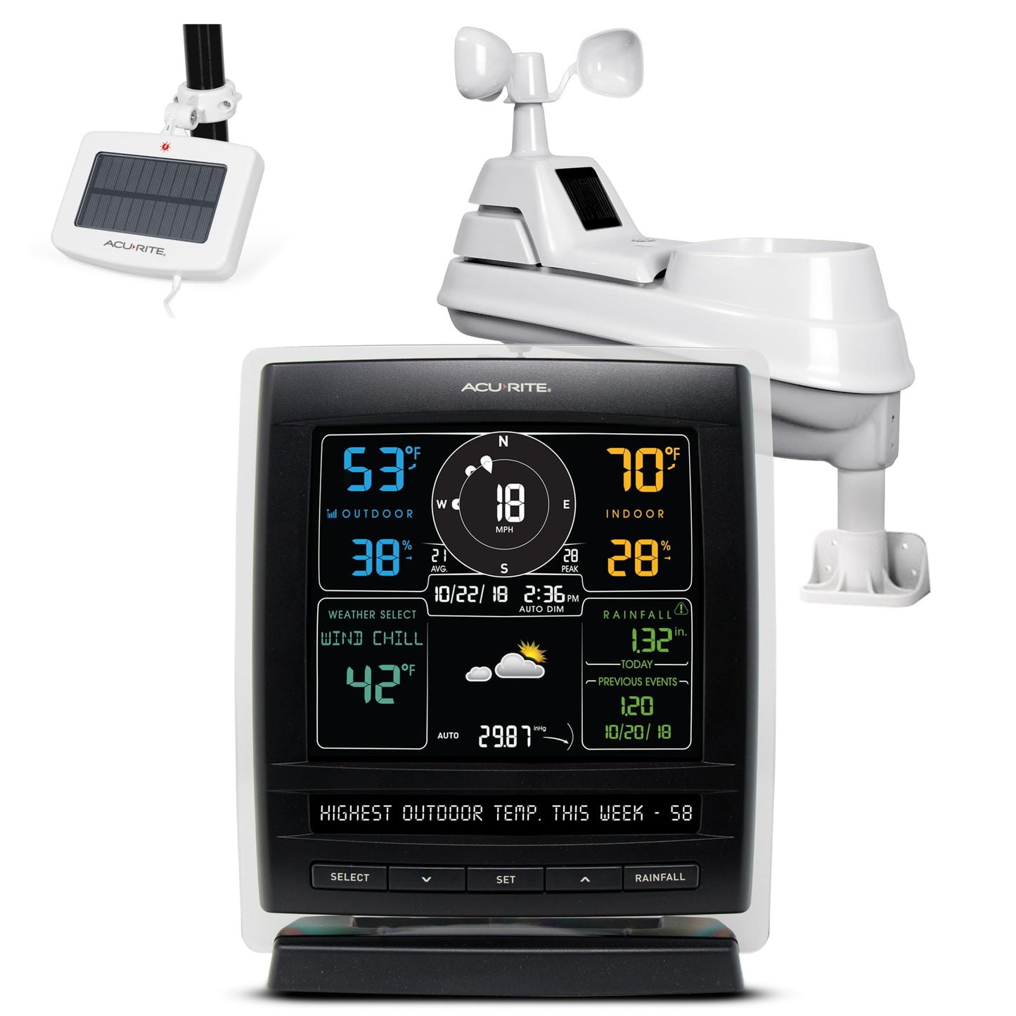 AcuRite Iris (5-in-1) Wireless Weather Station with Solar Power Pack for Indoor and Outdoor Temperature, Humidity, Wind Speed and Direction, and Rainfall with Dark-Themed Digital Display (01517RM)