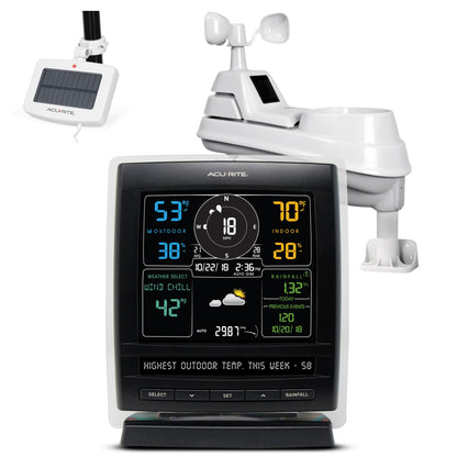 AcuRite Iris (5-in-1) Wireless Weather Station with Solar Power Pack for Indoor and Outdoor Temperature, Humidity, Wind Speed and Direction, and Rainfall with Dark-Themed Digital Display (01517RM)
