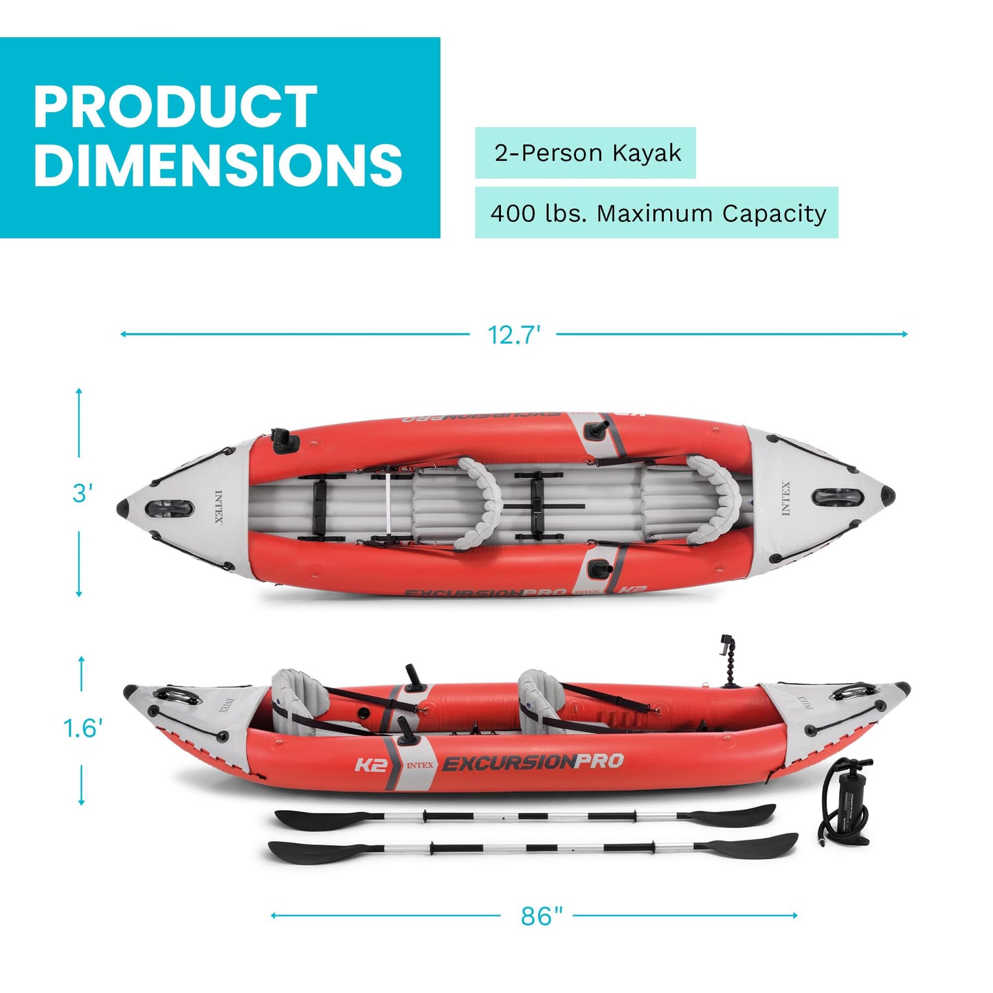 INTEX 68309EP Excursion Pro K2 Inflatable Kayak Set: Includes Deluxe 86in Kayak Paddles and High-Output Pump – SuperTough PVC – Adjustable Bucket Seat – 2-Person – 400lb Weight Capacity