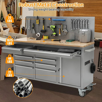 61-Inch Heavy Duty Rolling Tool Chest with 10 Drawers and Solid Rubber Wood Top Mobile Workstation, 1675 LBS Load, Includes Power Strip, Locking System, Drawer Liners for Garage Warehouse Repair Shop