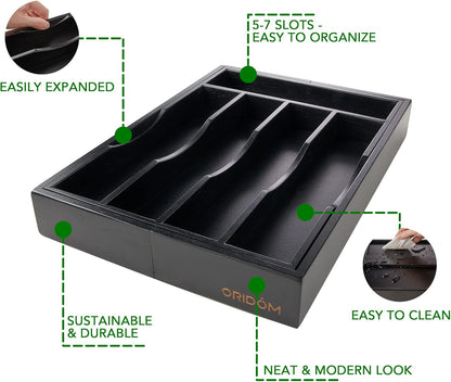 Bamboo Expandable Kitchen Drawer Organizer - Adjustable Cutlery Tray for Utensils & Flatware | Black