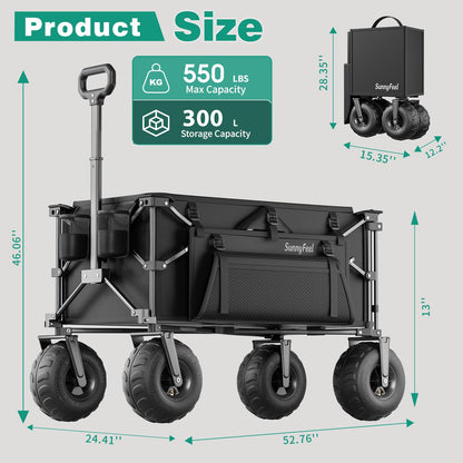 SUNNYFEEL Beach Wagon with Big Wheels for Sand, 550LBS Heavy Duty, 300L Foldable Beach Cart with 9" Balloon Wheels, Collapsible Wagon Cart with Adjustable Handle for Camping, Garden, Outdoor, Black