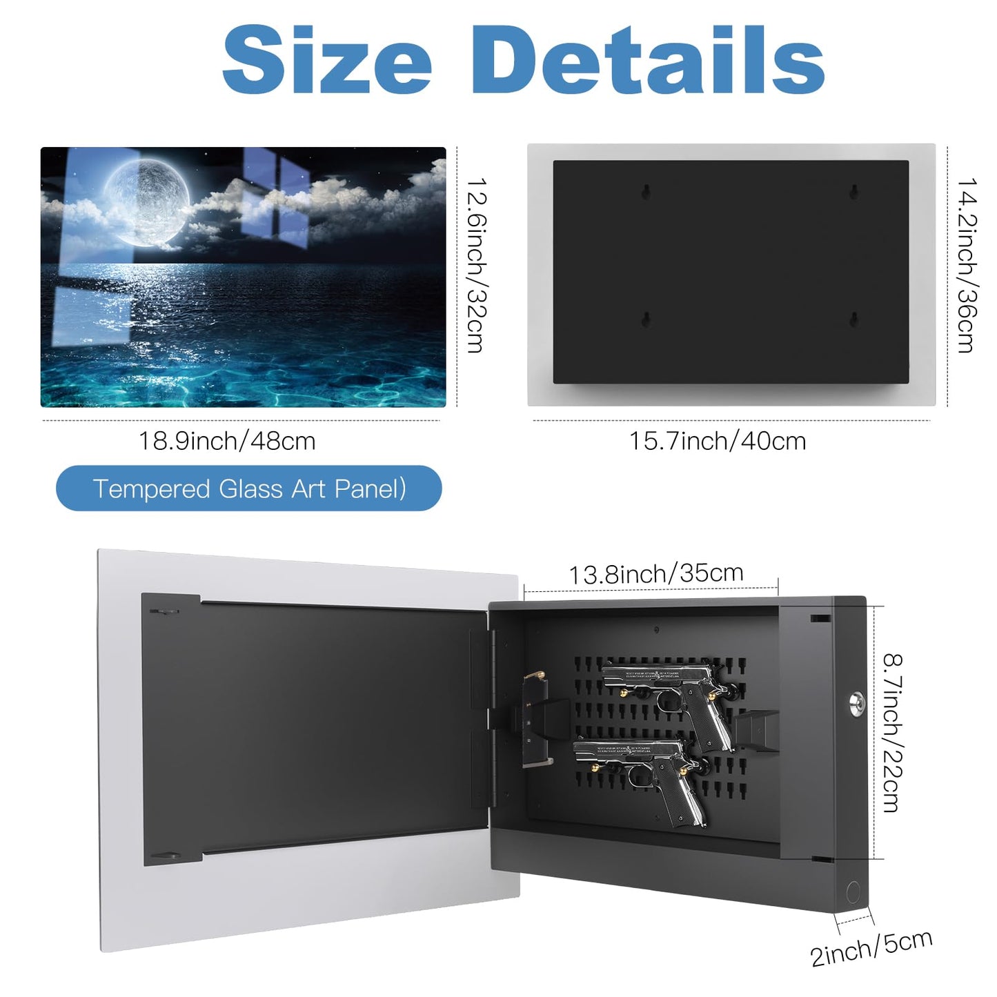 Moon Gun Safe for Handgun, Pistol Safe with Fingerprint & KEY Access, Moon Wall Art Glass Hidden Gun Storage with Decor Function For Wall-Mounted, Fathers Day Gift -18.8IN