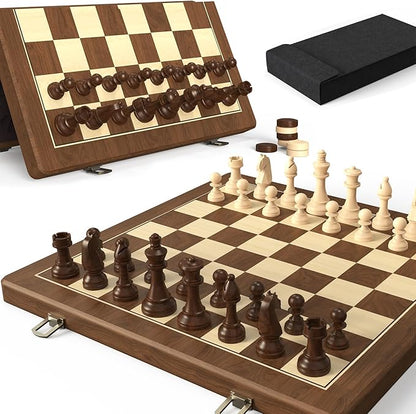 Premium Natural Walnut 15 Magnetic Wooden Folding Chess &amp Checkers Set- 2 in 1 Board Game with 3 King Staunton Pieces and 2 Extra Queens Checkers and Dust-Proof Storage Bag (Black)