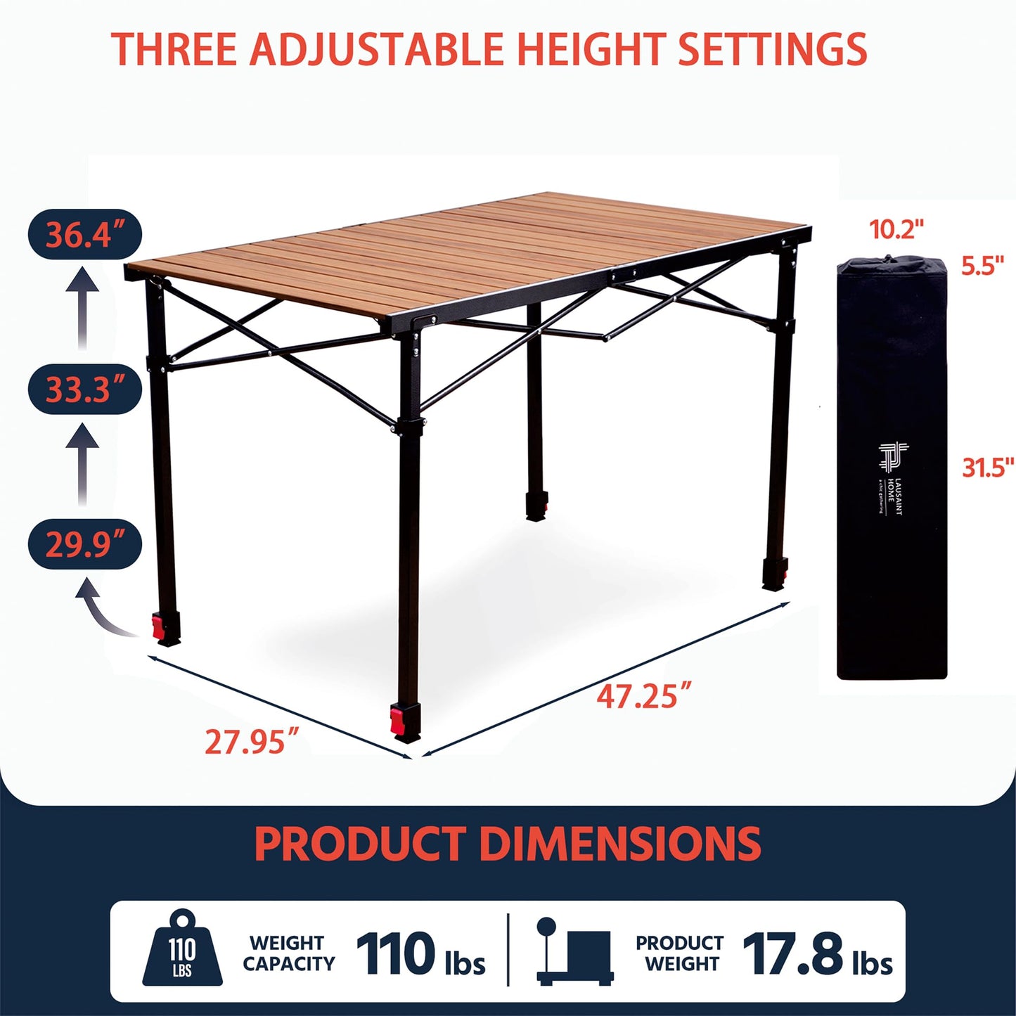 OUTSIDER Camping Table Foldable – Adjustable Height, Heat-Resistant Metal for Outdoor Table,Portable Roll-up Aluminum Camp Table with Carry Bag for 2-6 Person BBQ, Travel,Picnic,Lawn, Loads 110 Lbs