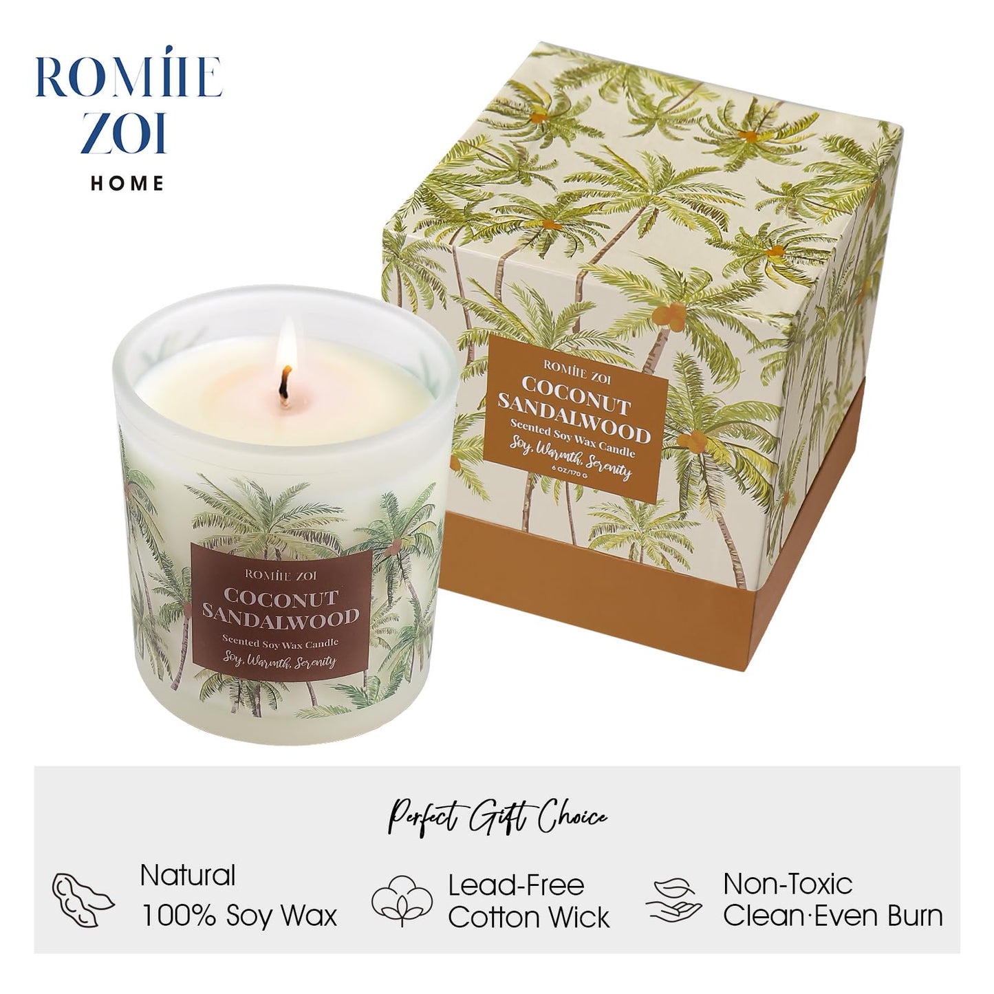 ROMIIE ZOI Coconut & Sandalwood Scented Candle - 6oz Soy Wax Candle for Home Scented, Stress Relief Candle Gifts for Women/Men