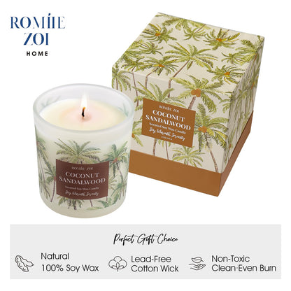 ROMIIE ZOI Coconut & Sandalwood Scented Candle - 6oz Soy Wax Candle for Home Scented, Stress Relief Candle Gifts for Women/Men