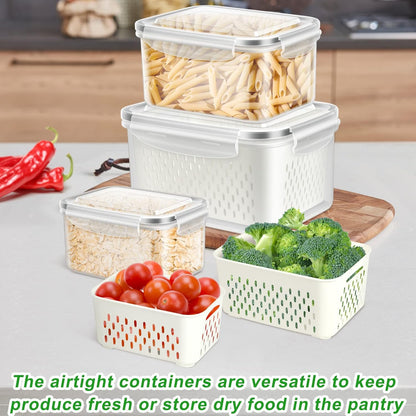 Skiennix Fruit Storage Containers - 3 Pack Produce Saver with Drain Colanders | Refrigerator Organizer for Fresh Vegetables