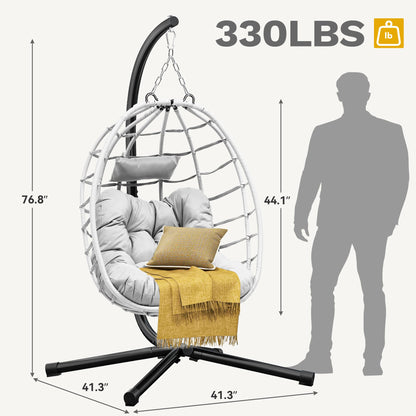 DWVO Egg Hanging Swing Chair with Stand Egg Chair Wicker Indoor Outdoor Hammock Egg Chair with Cushions 330lbs for Patio, Bedroom, Garden and Balcony, Light Gray