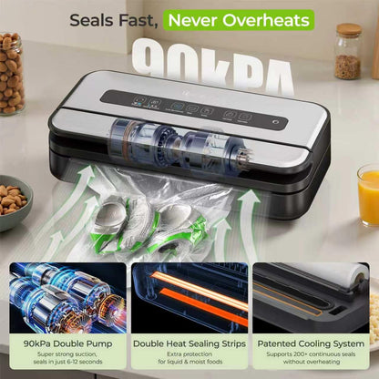 Vacuum Sealer, 90Kpa Food Vacuum Sealer Machine Built-in Cutter & Bag Storage, Food Preservation Dry/Moist/Liquid Mode, Sauces and More, Handle Locked Design Includes 2Roll + 5 Bags