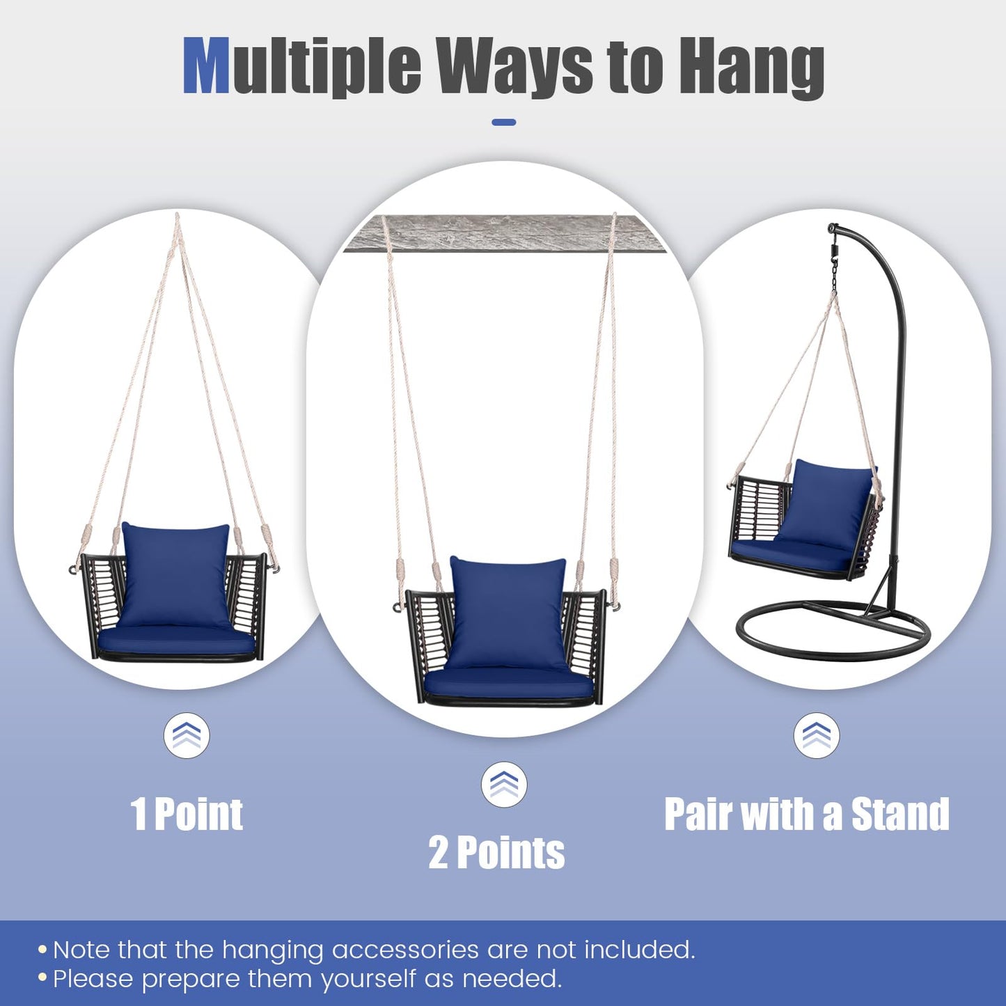 HAPPYGRILL Porch Swing Patio Hanging Rattan Basket Chair, Swing Hammock Chair with Seat Cushion & Back Cushion, PE Rattan, Sturdy Metal Frame, Wicker Hanging Rope Swing, (Navy)
