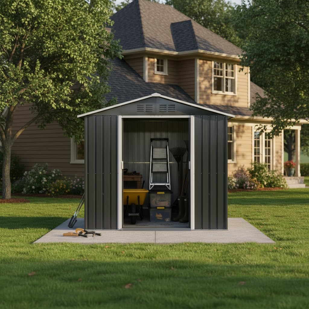 YOPTO 7x4.3 FT Metal Garden Sheds with Window,Outdoor Heavy-Duty Steel Storager Tool Shed W/Sliding Door and Punched Vents,Waterproof Building Organizer for Storing Motorcycle,Bicycles,Grey