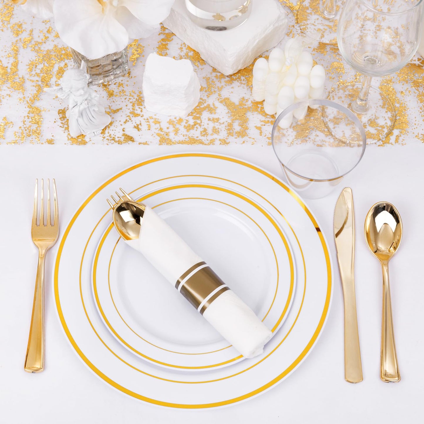 WELLIFE 350-Piece Gold Disposable Plates and Cutlery Set - Premium 10.25" Dinner Plates, 7.5" Dessert Plates, 9oz Cups & Cutlery for Weddings, Catering Events - 50 Guest Service - Elegant & Sturdy