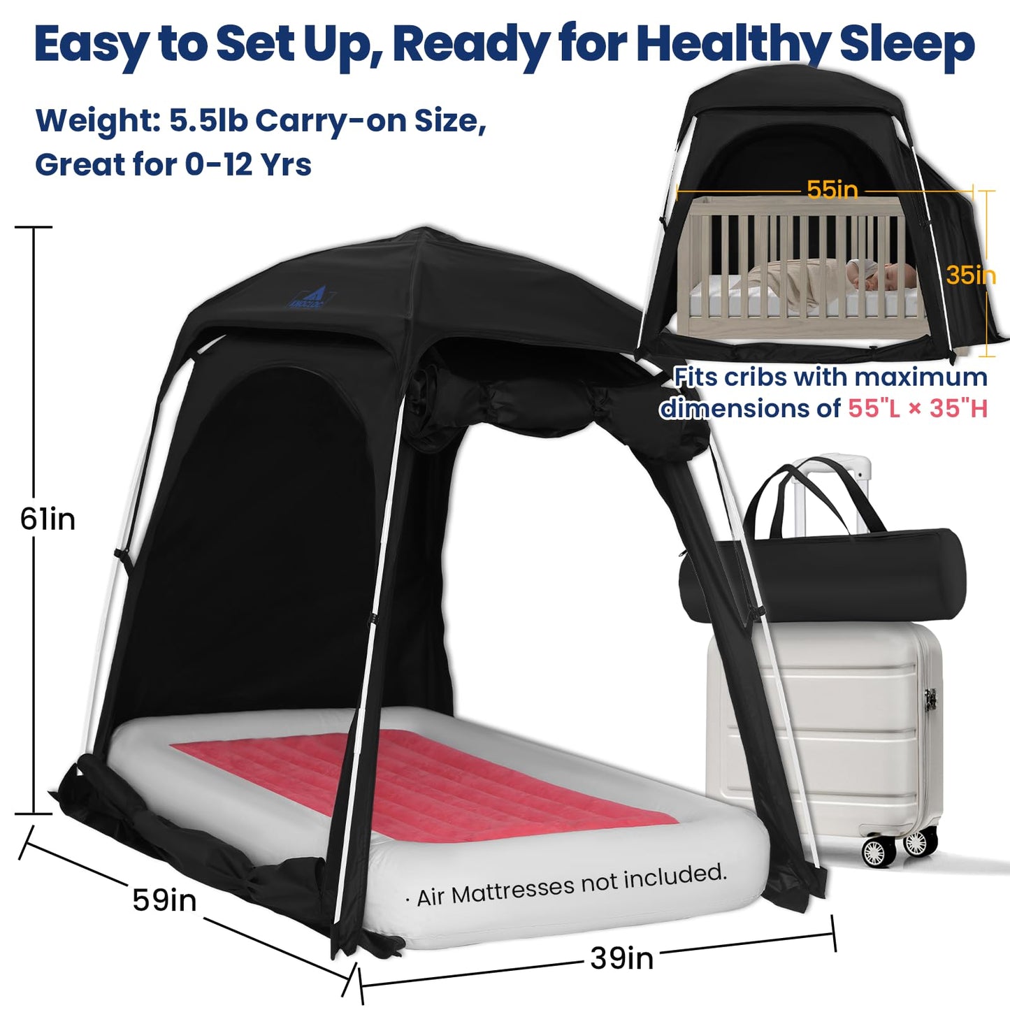 KNOCLOC Blackout Tent for Crib, Pack N Play, Toddler Travel Bed & Kids Cot, CPC Certified Baby Sleep Pod with Fan Pocket, 2 Mesh Doors, Breathable & Quiet Design, Easy Setup & Portable