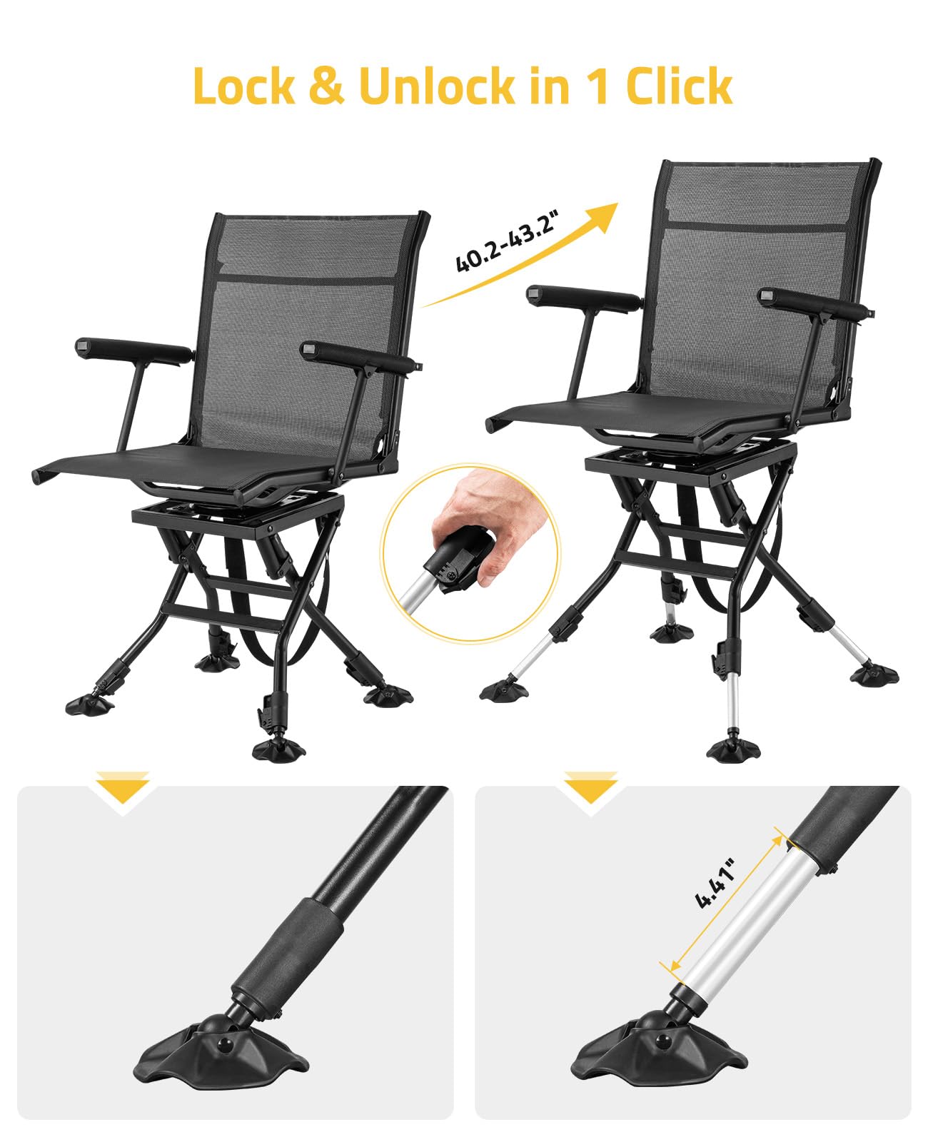 Trakiom Swivel Hunting Chairs for Blinds Hunting Blind Chair 360 Degree Silent Swivel Camping Chair Portable Hunting Seat Height Adjustable Foldable with Armrest
