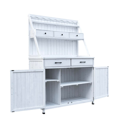 GDFStudio Farmhouse Outdoor Storage Bench Table with Cabinet, Fir Wood Potting Bench Plant Bench, Large Garden Storage Work Bench with Drawers Removable Shelf for Backyard Patio Greenhouse, White